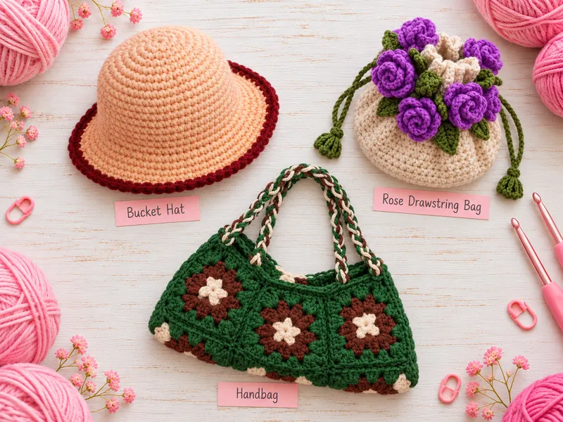 Crochet bucket hat, rose drawstring bag and handbag