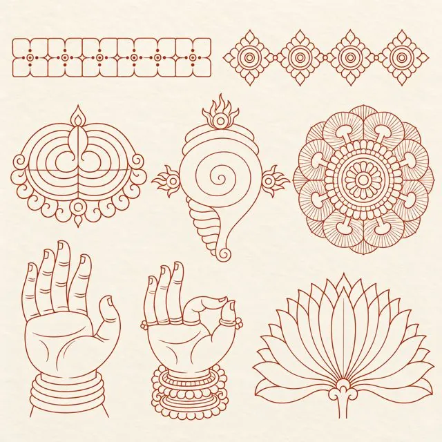 Line drawings of mural elements: borders, Nayika Mani, Shankh, Aalavattam, hands and lotus