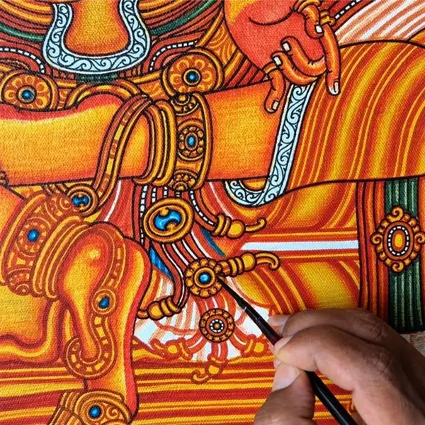 Adding fine detail to a mural painting